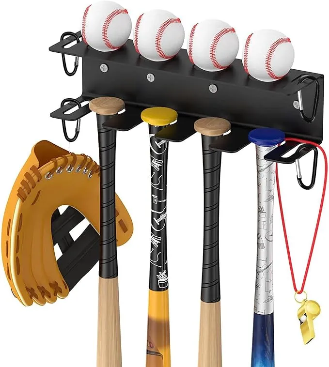 AT Sports Wall Mount Baseball Storage Rack, Heavy Duty Metal Baseball Bat Holder Sports Equipment Organizer for Bat and Ball Display in Home or Baseball Stadium