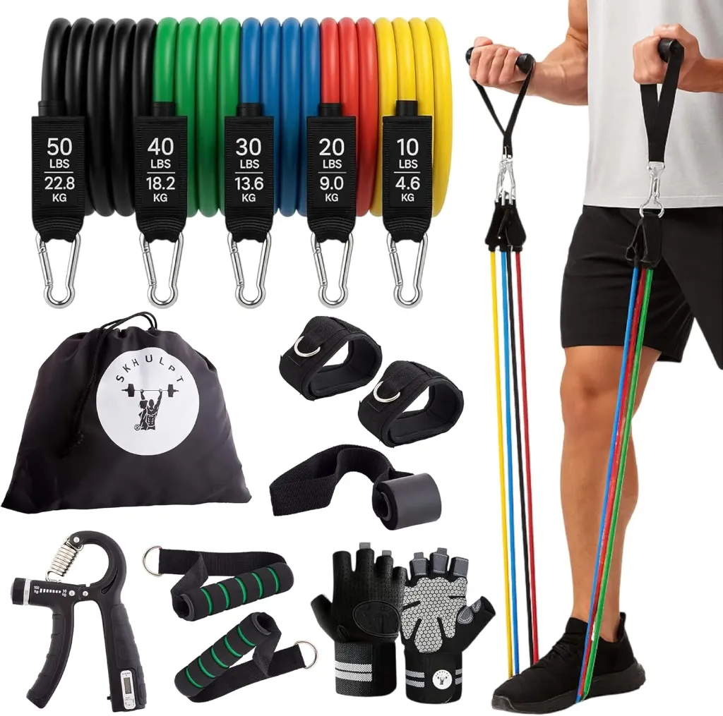 AT Sports Resistance Bands Kit – 5 Latex Exercise Bands (10–50 lbs) with Handles, Hand Gripper, Gym Gloves, Door Anchor & Ankle Straps – Home Workout Equipment for Men & Women