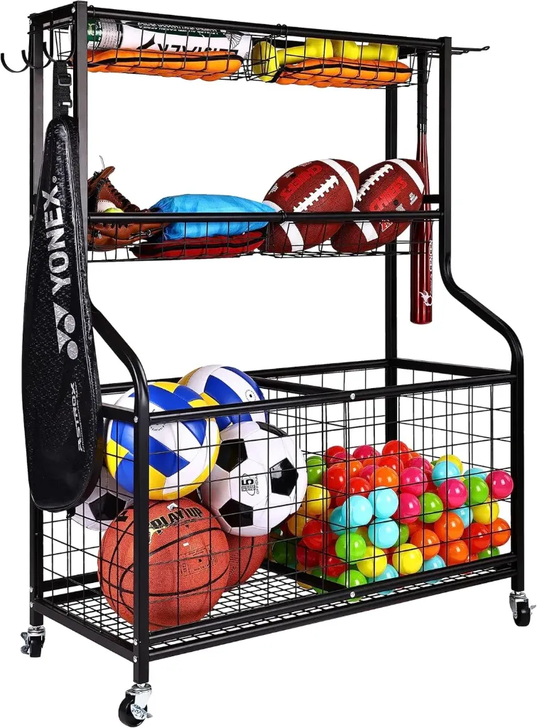 AT Sports Signature Fitness Garage Equipment Organizer, 3-Tier with Large Base, Black, Steel, Sports Gear Storage, Garage Organizer with Baskets and Hooks, Rolling Sports Ball Storage Cart