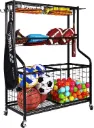 AT Sports Signature Fitness Garage Equipment Organizer, 3-Tier with Large Base, Black, Steel, Sports Gear Storage, Garage Organizer with Baskets and Hooks, Rolling Sports Ball Storage Cart