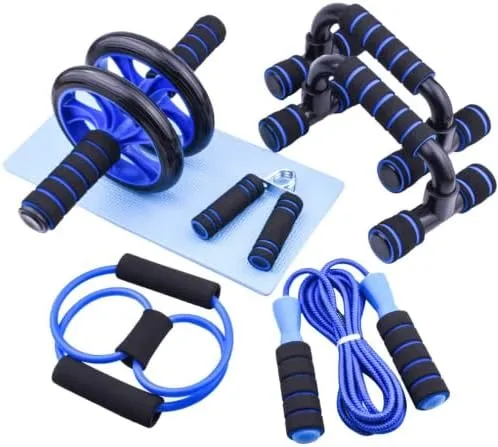 AT Sports 7-IN-1 Ab Roller Wheel Set With, 2 Push-up Bars, Resistance Band, Skipping Rope, Hand Grip And Knee Pad, Fitness Workout At Home Gym, Multi-functional Sports Equipment Father's Day Gifts