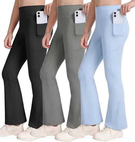 AT Sports 3 Pack Leggings for Girls Flared Leggings with Pockets High Waisted School Trousers Bell Bottom Dance Yoga Pants for Kids Ages 6-16