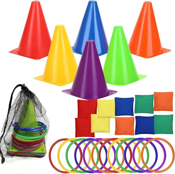 AT Sports LACRIS 3 in 1 plastic cones toss game set with beanbags, outdoor throwing colorful ring toss cones, soft plastic Carnival set, birthday party activities inside and outside for kids
